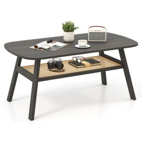 2-Tier Rectangular Center Coffee Table with Rattan Storage Shelf and Rubber Wood Legs