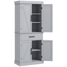 72" Kitchen Storage Cabinet, Farmhouse Kitchen Pantry Cabinet with 4 Barn Doors, Drawer, Adjustable Shelves, Grey