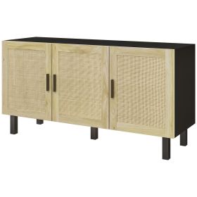 Boho Sideboard Buffet Cabinet with 3 Rattan Doors, Kitchen Cabinet with Adjustable Shelves, Black and Natural