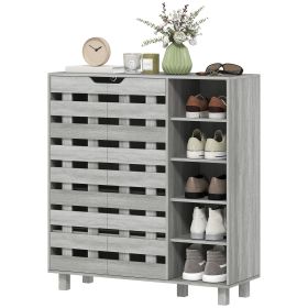 Shoe Cabinet, 21 Pair Shoe Storage Cabinet Organizer with 5-tier Double Door Cabinet and 5-tier Open Shelves, Light Grey