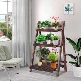 3 Tier Outdoor Wood Design Folding Display Flower Stand (Color: Brown)
